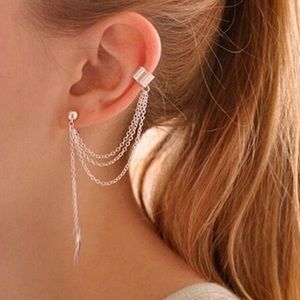 Chain Tassel Leaf Clip Ear Cuff And Earring (Piercing And Cuff)